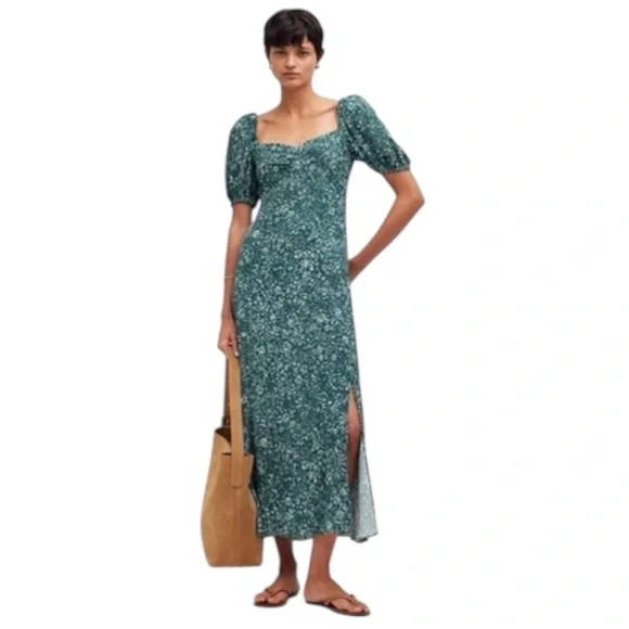 Madewell Puff-Sleeve Sweetheart Midi Dress in Green Ditsy Floral Print - Size 6 - Picture 3 of 11